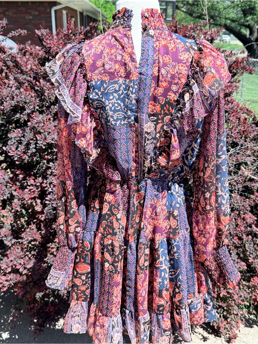 Smocked Neck Women's Mini Dress in Plum NWOT - Picture 2 of 6
